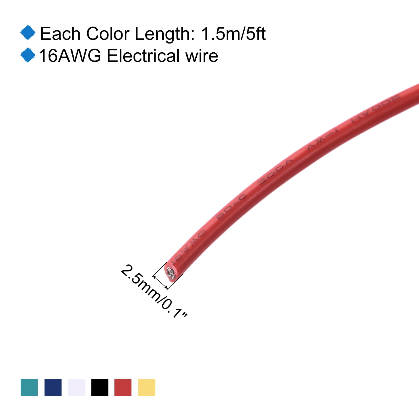16 Gauge Hookup Wire 1.5m/5ft 16AWG Flexible Electrical Wire Tinned Copper Stranded 6 Color, 2.5mm