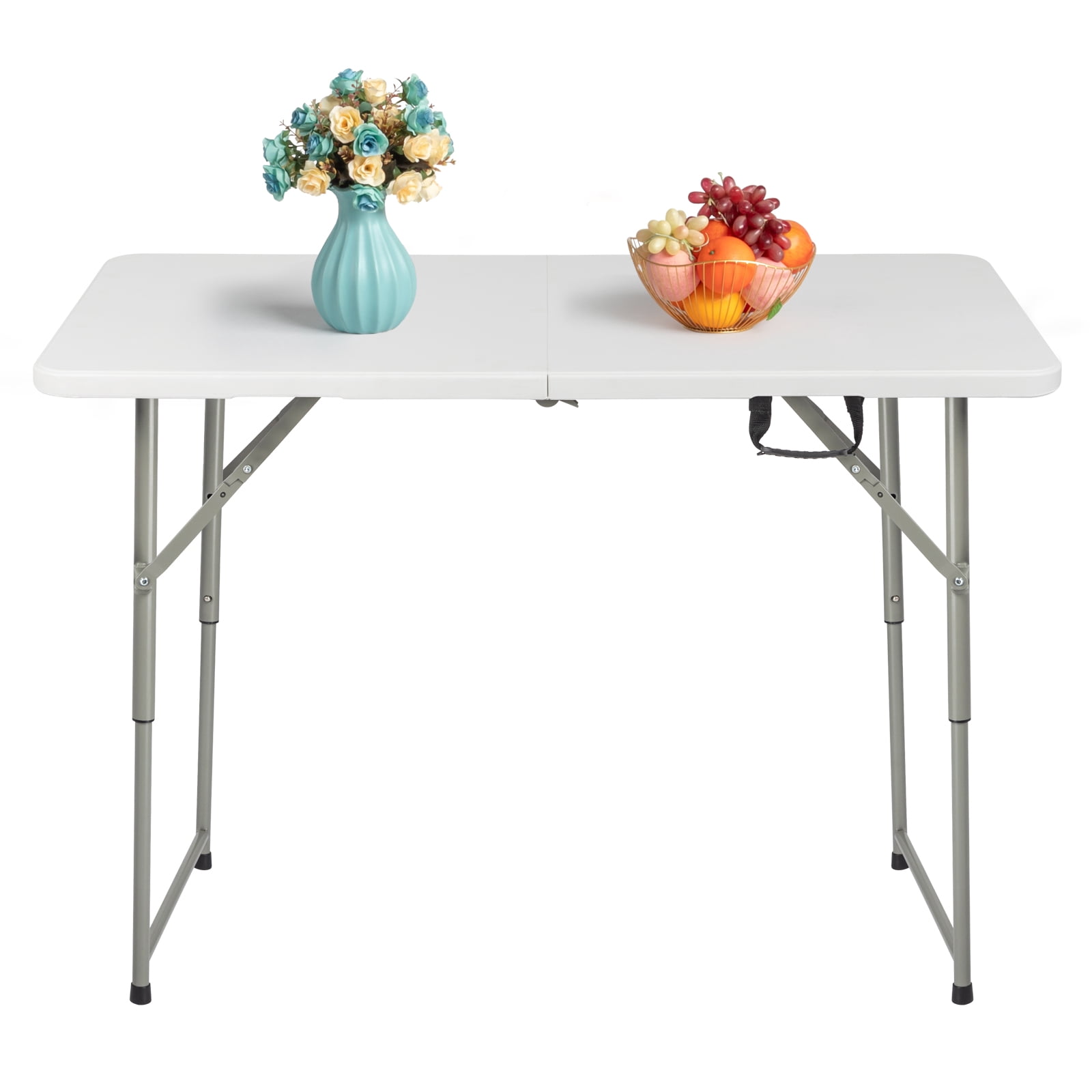 4FT Foldable Liftable HDPE Patio Table Sturdy Steel Legs Adjustable Height Outdoor Garden Space Saving Portable Dining Side Table