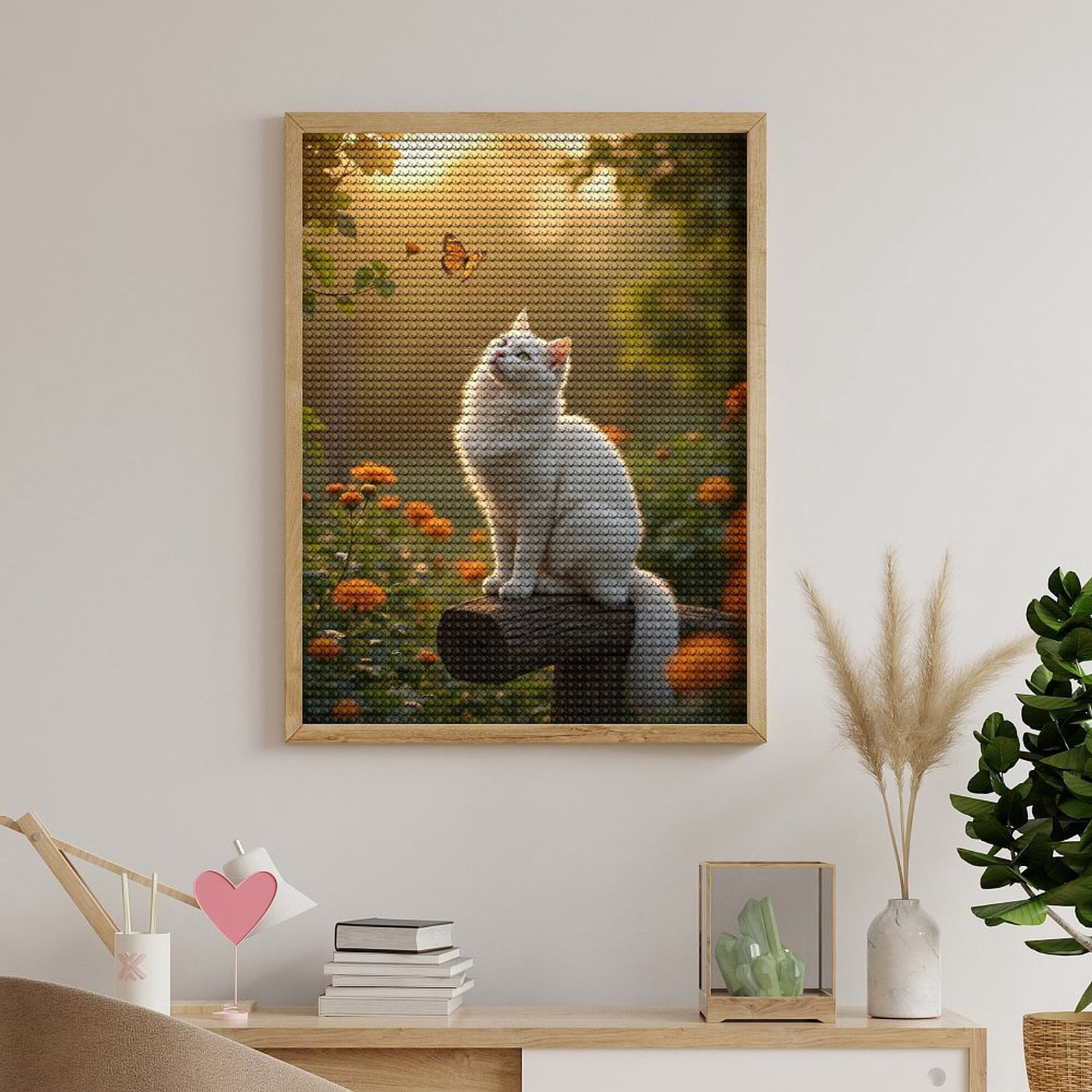 Diamond Art Kits for Adults, White Cat Monarch Butterfly Garden 5D Diamond Painting Kits for Adults Beginners, DIY Full Drill Diamond Painting, Gem Art and Crafts 12x16