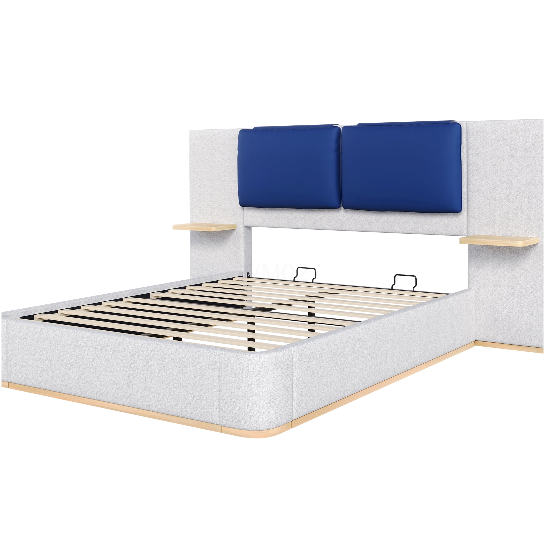 Queen Upholstered Storage Bed Frame with Shelves, Blue Grey Fabric Headboard, No Box Spring Needed, Noise Free Platform Bed