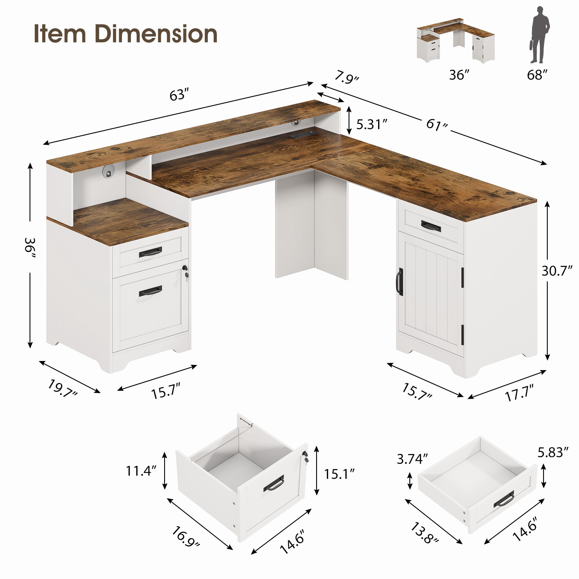 63'' Farmhouse L Shaped Desk with Drawers, Corner Computer Desk with Monitor Stand for Home Office, White