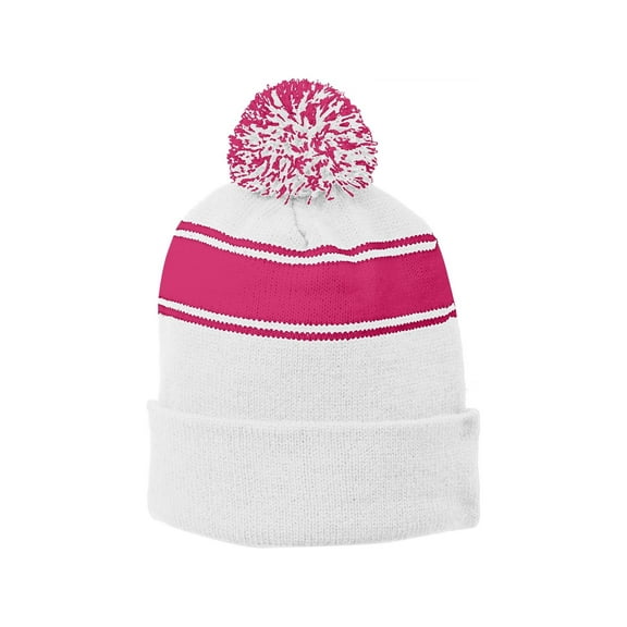 Sport-Tek Stripe Pom Pom Beanie. Stc28 , STC28 , White/ Pink Raspberry , One Size