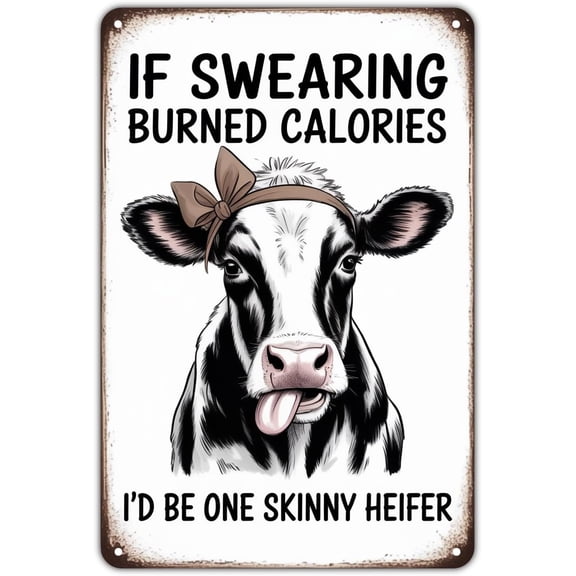 Funny Cow Swearing Heifer Vintage Farm Animal Metal Tin Sign, Garden Yard Bar Porch Garage Home Bedroom Kitchen Wall Decor, 8 x 12, Easy to Hang