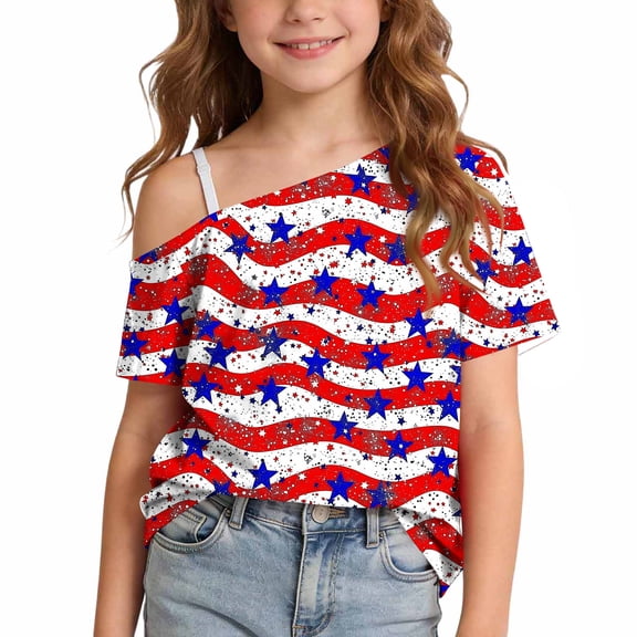 HAOTAGS Girls 4th of July T-Shirts,Print One-Shoulder Short Sleeve Cute Casual Summer Independence Day Graphic Tee Tops Multicolor Size 7