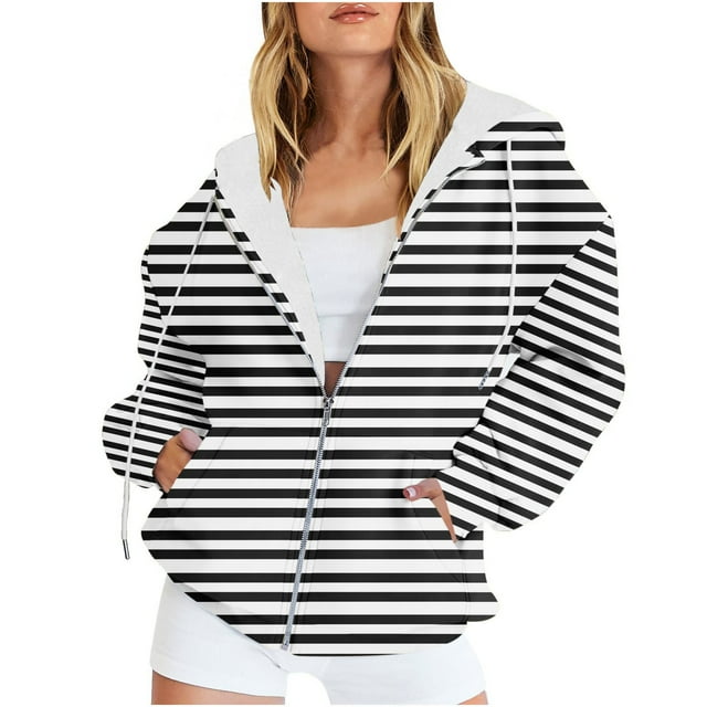 Chaqueta y abrigo informal de manga larga con capucha y estampado para mujer, chaqueta con capucha y manga larga con cremallera, abrigo de poliéster para mujer
