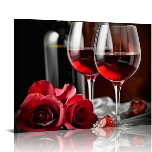 JRXY Red Rose Wine Glasses Wall Art Canvas Decor Framed for Bedroom Decor Modern Red and Black Rose Women with Hat Painting Kitchen Pictures Home Decor 20x16in