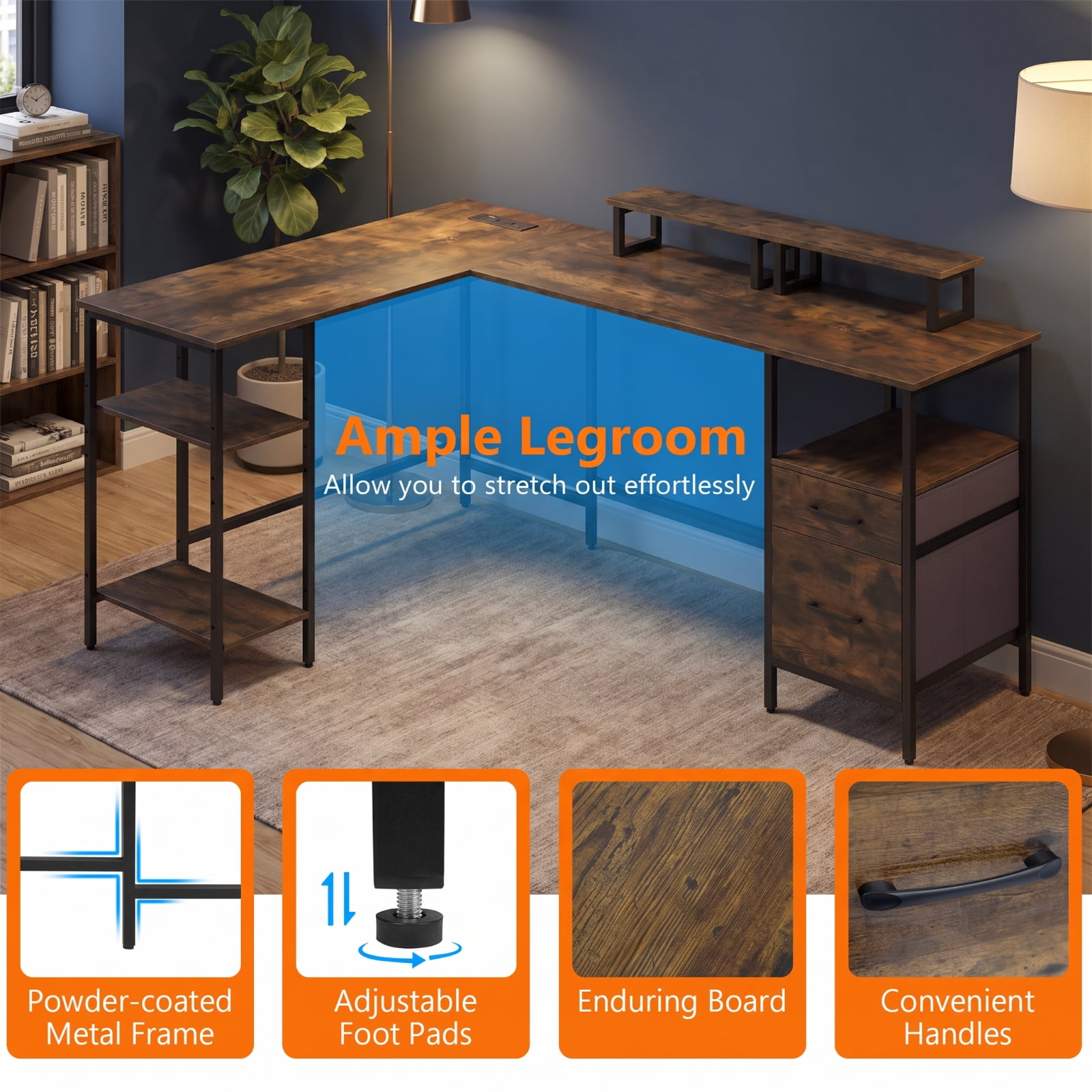 Furnibear L Shaped Desk Reversible Computer Desk with Power Outlet Monitor Stand and Fabric Drawers for Home Office Corner Workstation, Rustic Brown