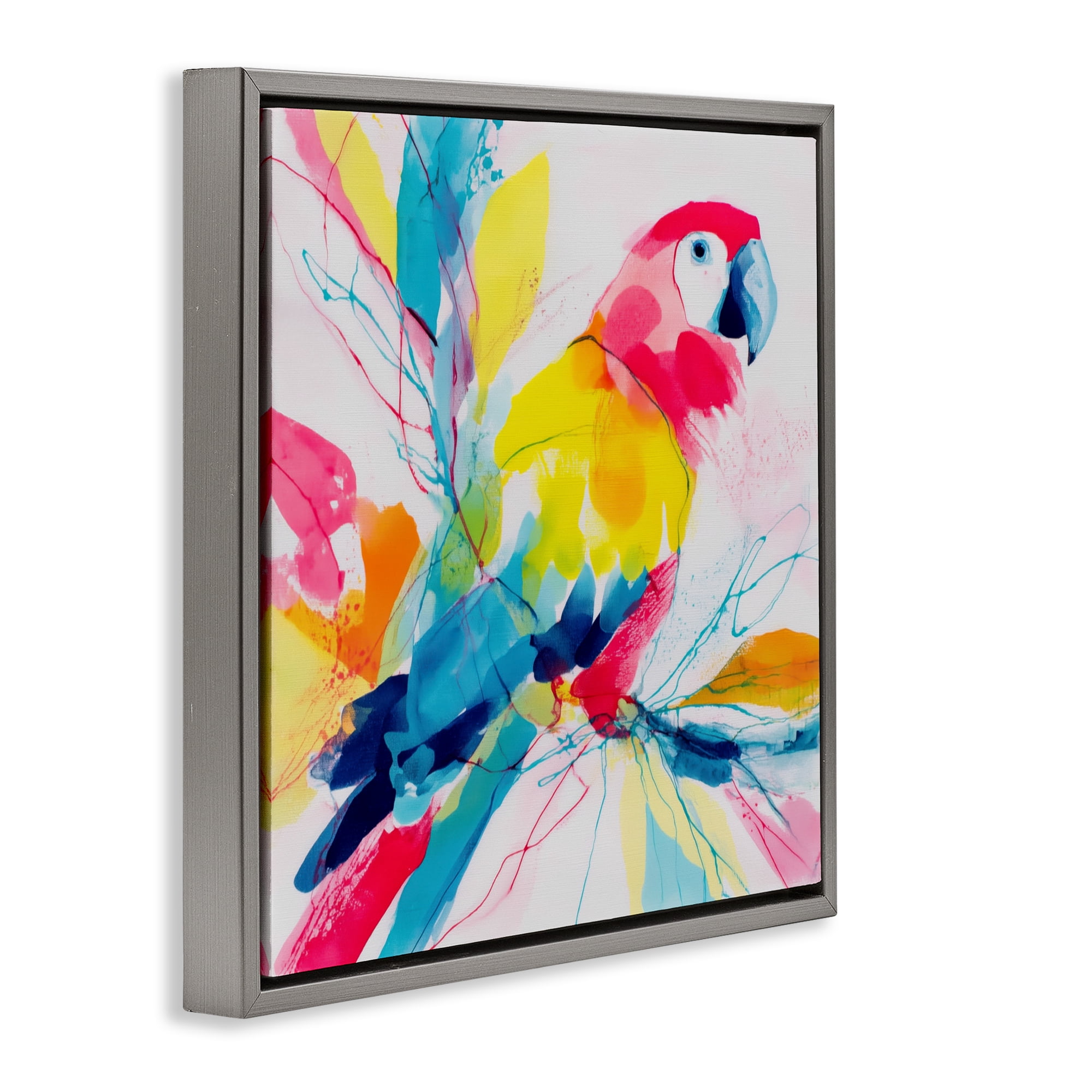 Stupell Industries Expressive Parrot in Bloom Gray Framed Floater Canvas Wall Art, design by Chromatic Storm Studio