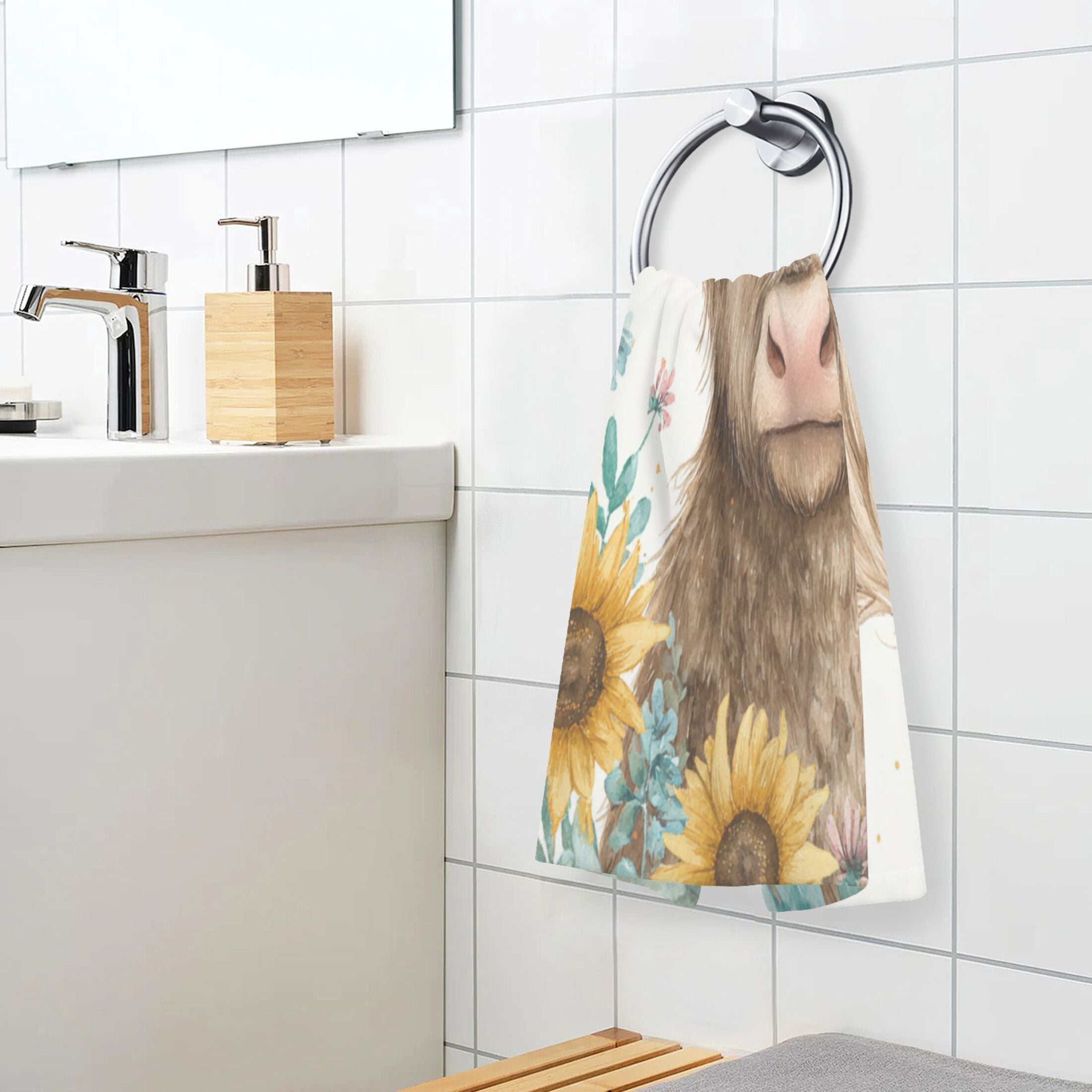2 Pcs Absorbent Face Towel Bath Hand Towels Soft Breathable Cotton Towel Set for Bathroom Kitchen Hotel Spa Decor Sunflowers and Highland Cow