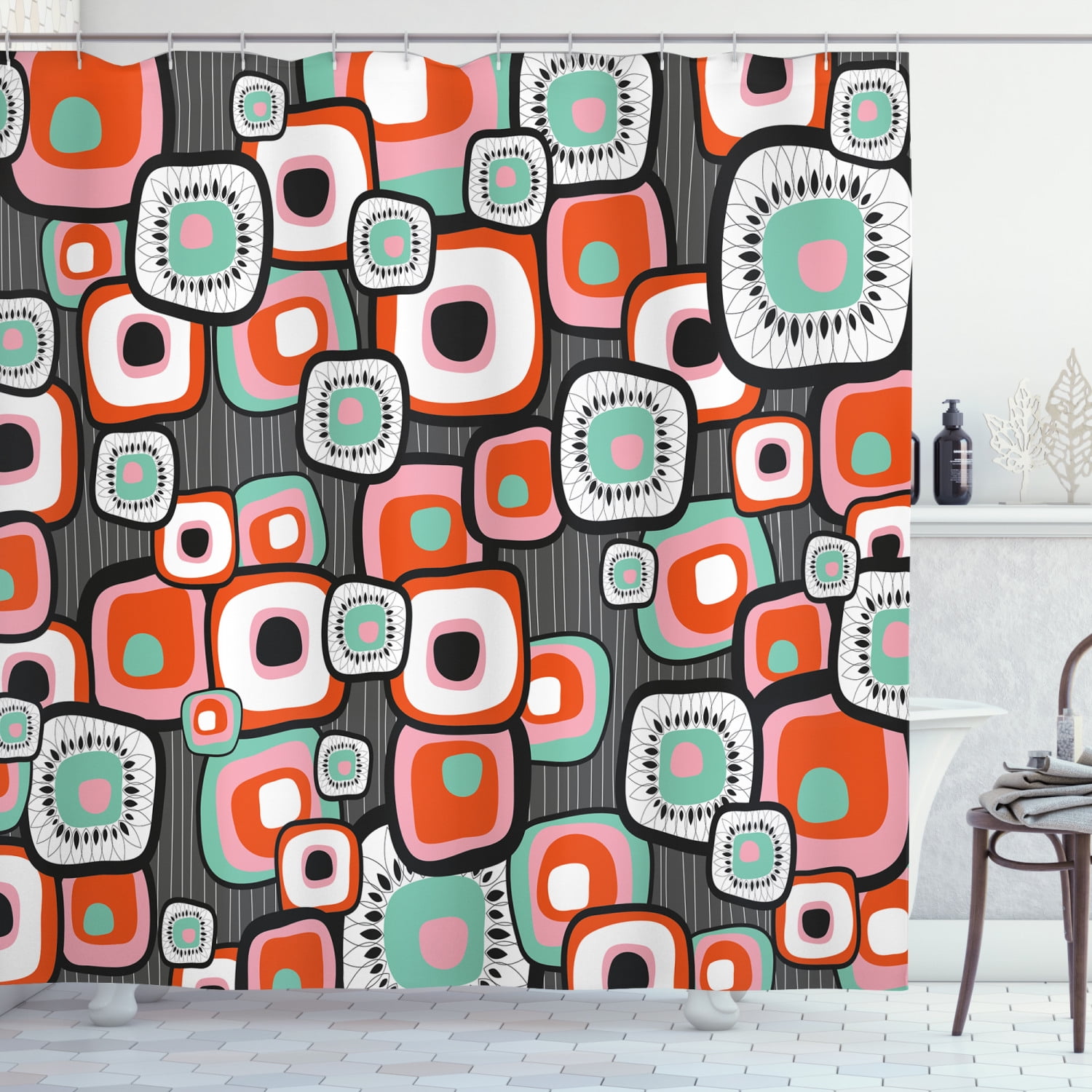 Retro Shower Curtain, Funky Square Shaped Lava Flowers with Abstract