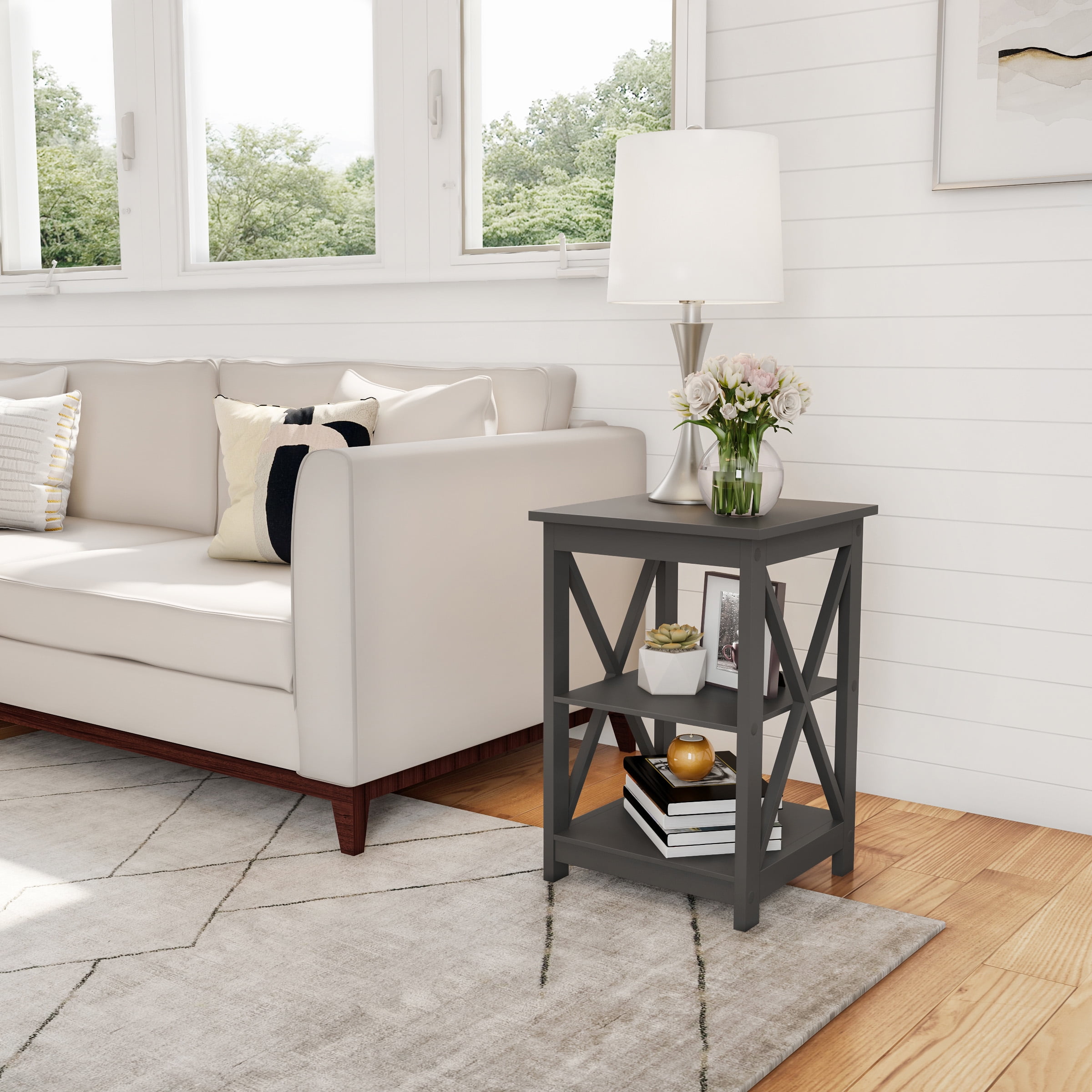 Lavish Home Wooden End Table, Modern Style Sofa Side Table with X-Leg Design and Two Shelves, Gray