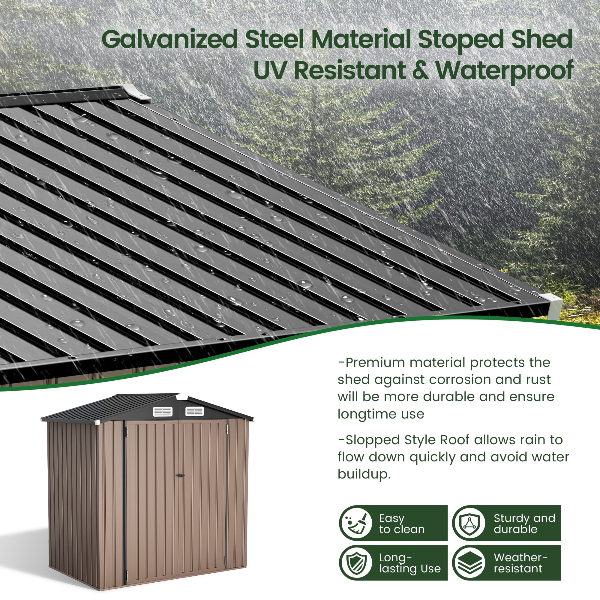 GVDV Metal Shed, 6 x 4 ft Metal Outdoor Storage Shed with Updated Frame, Lockable Doors & Waterproof, Brown
