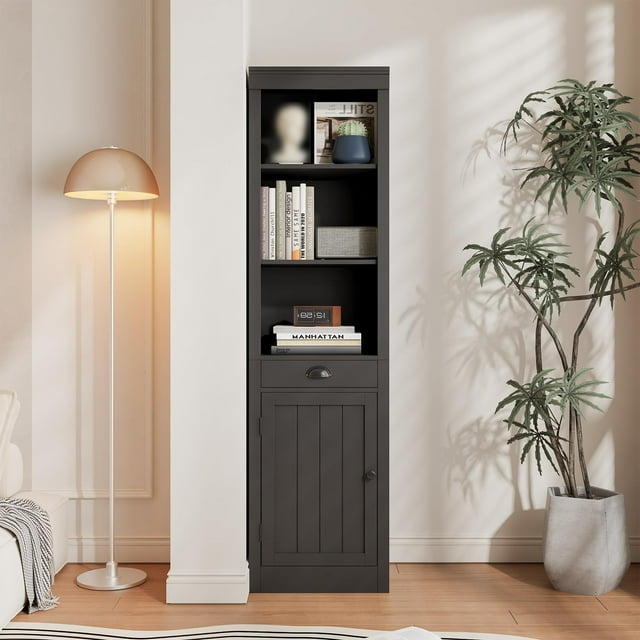 71" Tall Bookcase with Cabinet, 3 Tier Wood Open Bookcase with Adjustable Shelves, Large Display Storage Shelf, Standing Shelving Unit, Black