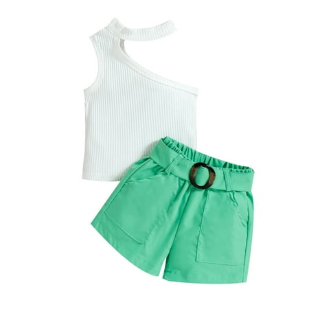 

Summer Toddler Girls Sleeveless Ribbed Vest Off Shoulder Tops And Shorts Belt Outfits For 18-24 Months