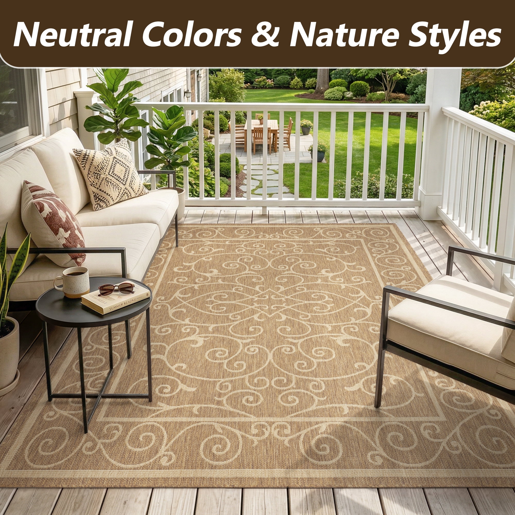 SIXHOME Outdoor Rugs 8'x10' Patio Rug Bohemian Floral Indoor Outdoor Rugs Polypropylene Washable Non Shedding, Easy Clean, Waterproof, Durable Outdoor Carpet for Porch Balcony Deck Neutral Brown