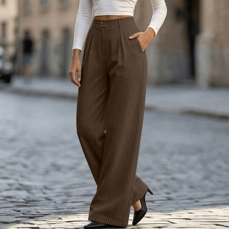 QIbmong Corduroy Wide Leg Dress Pants Women Button High Elastic Waist Pull-On Office Wear Casual Belt Loops Pleated Front Work Trousers with 