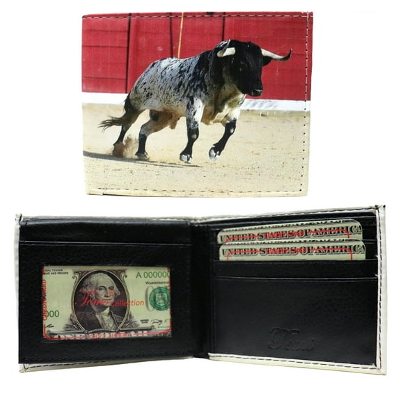 Charging Raging Bull Image Leather Bi-Fold Bifold Wallet