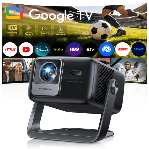 PUTRIMS Google TV Projector, 4K Smart Projector with WiFi & Bluetooth, 500 ANSI Lumens, Portable Short Throw Projector with 360° Rotating Stand, Auto Focus & Auto Keystone Correction