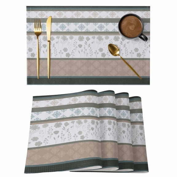 Placemats 1 Pack, Brown Geometric Woven Placemat, Linen Place Mats for Kitchen/Dining Tables, Stripes Boho Spring Flowers Pastoral Country Washable Table Mats for Party