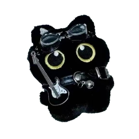 Soft Plush Black Cat Keychain with 3 Interchangeable Accessories (Glasses, Scarf, Guitar), Cute Stuffed Animal Bag Charm Gift for Pet Lovers