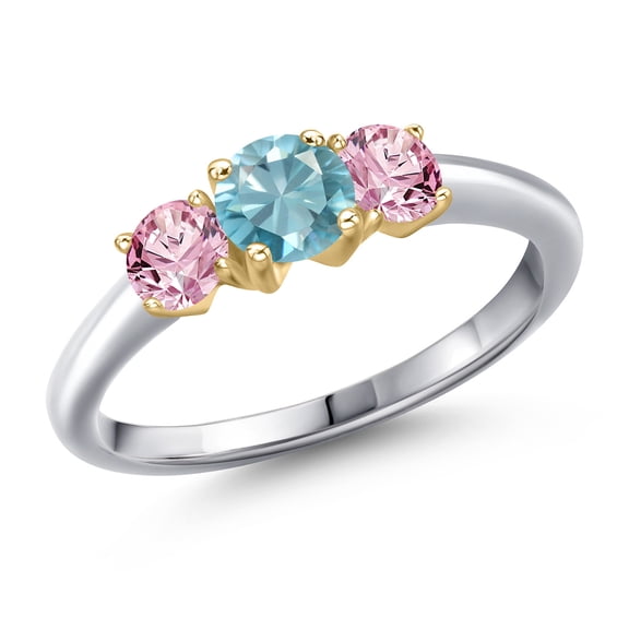 Gem Stone King 925 Silver and 10K Yellow Gold Blue Zircon and Pink Lab Grown Diamond Engagement Ring for Women | 1.35 Cttw | Round 5MM | Gemstone Birthstone | Size 5