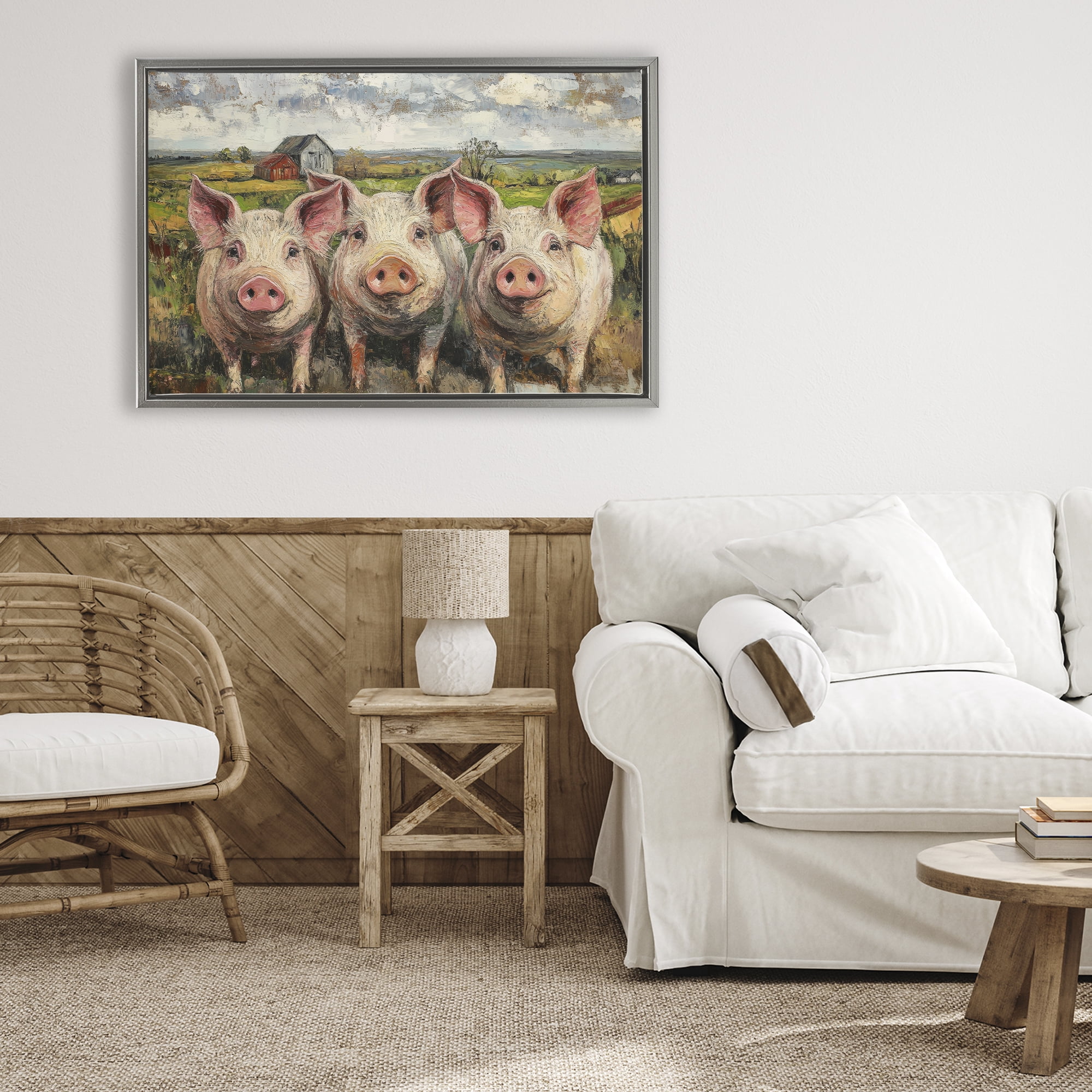 Stupell Industries Classic Barnyard Pigs in Countryside Gray Framed Floater Canvas Wall Art, design by Petal Prints Design