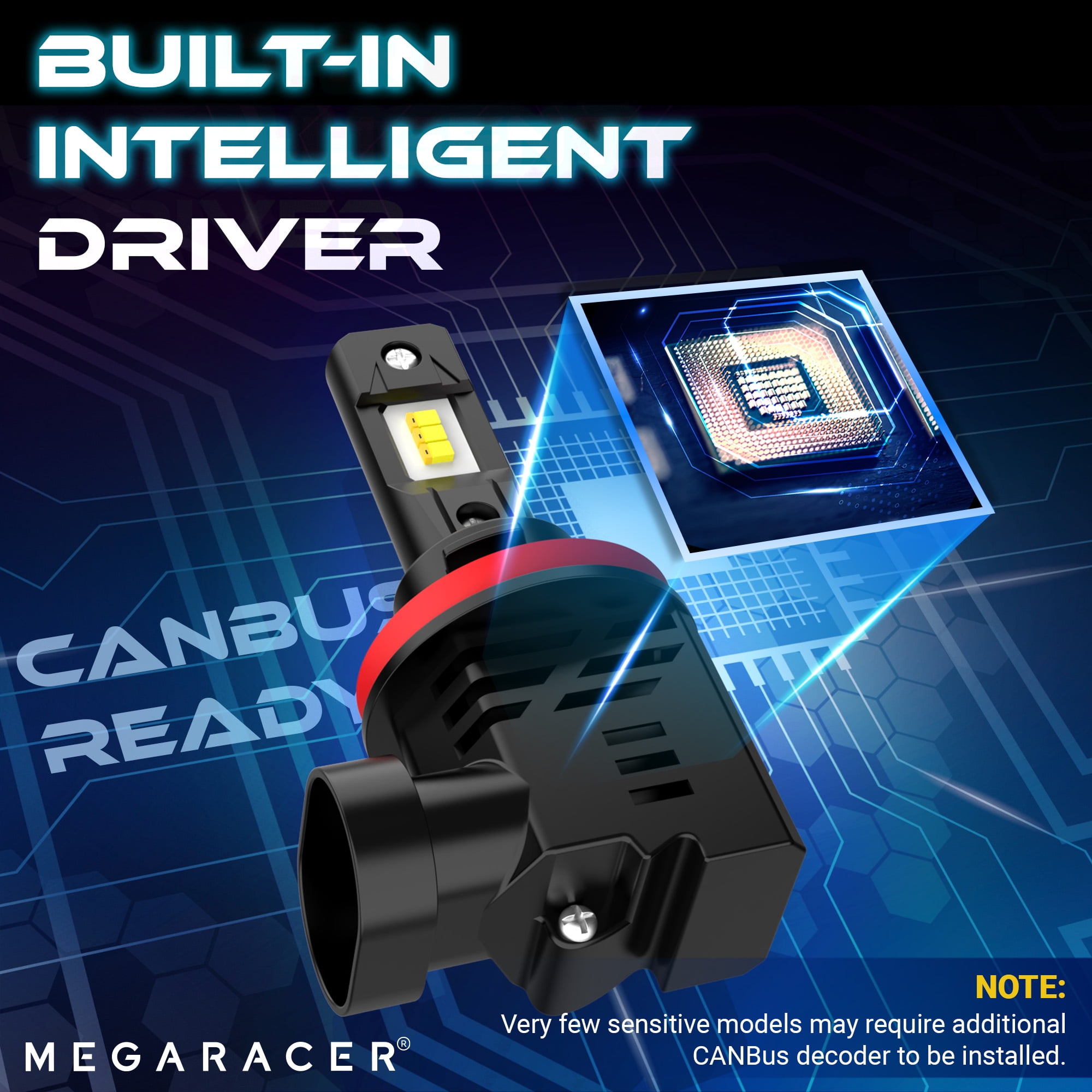 Mega Racer Wireless H11 H9 H8 H16 LED Headlight Bulb - 6500K Bright White 12V 50W 12000LM - Low Beam Replacement Car Bulbs