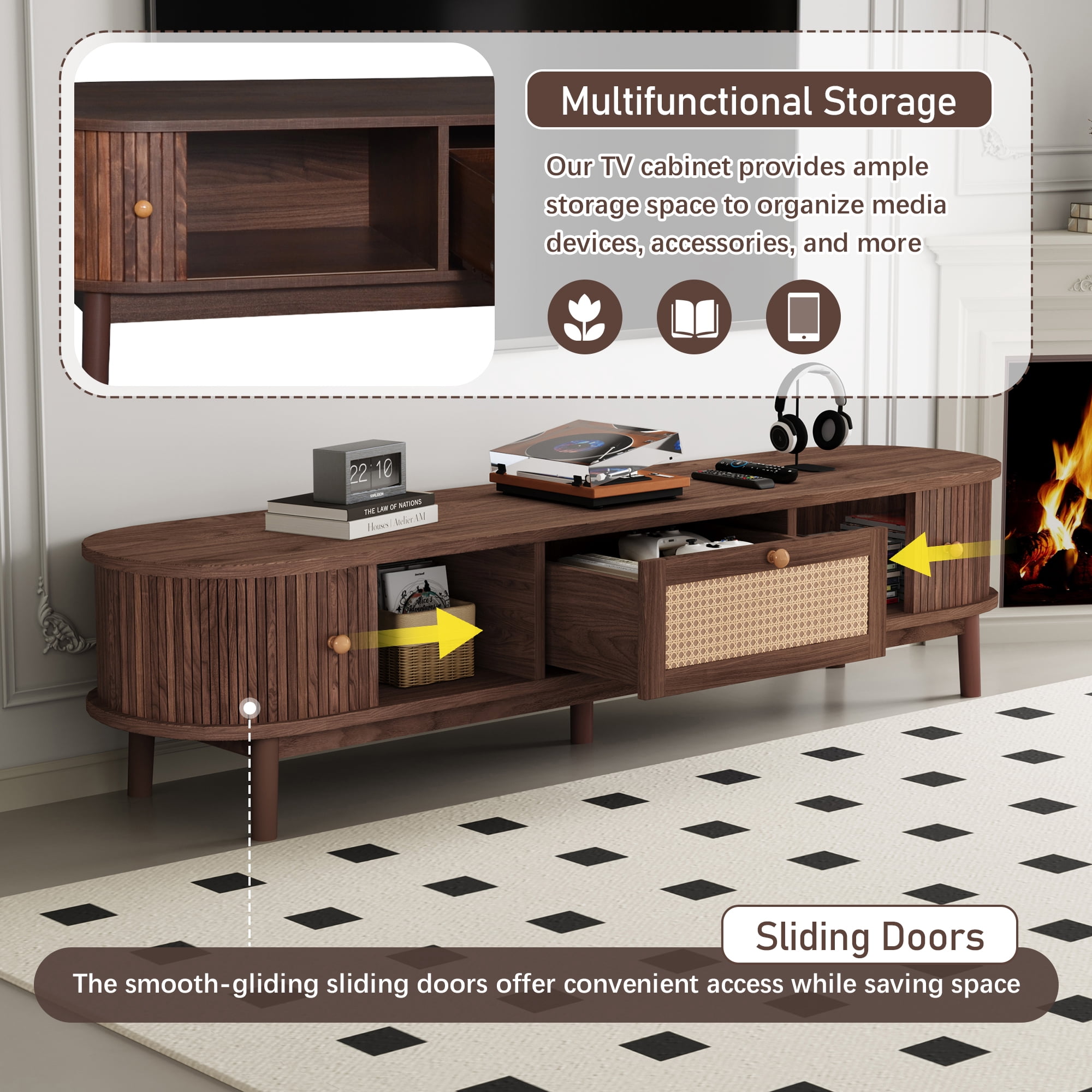 Euroco Modern Design TV Stand for 75" TVs, Media Console TV Cabinet with Rattan-Front Drawer for Living Room, 1 Drawer and 2 Sliding-Door Cabinets