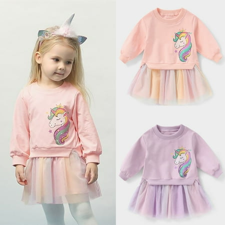 

Kids Baby Girl Long Sleeve Unicorn Top Tutu Dress Tulle Skirt Party Princess Casual Outfits