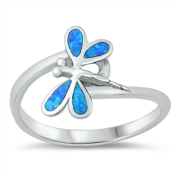 CHOOSE YOUR COLOR Blue Simulated Opal Dragonfly Garden Ring Bug .925 Sterling Silver Band CZ Female Size 8