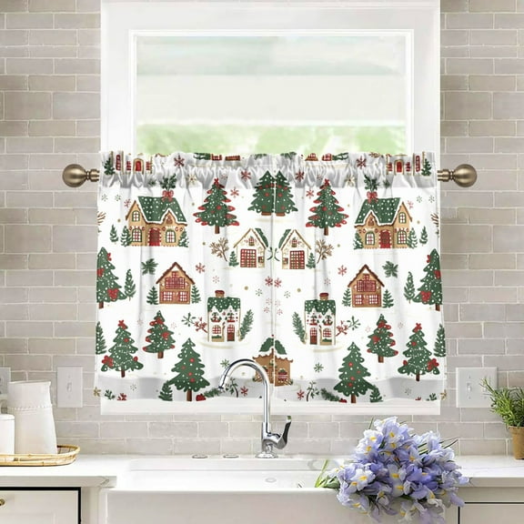 Yayeee Kitchen Curtains Tier Pair Light Filtering 27"x24" Rod Pocket Short Cafe Window Panel, Brown Christmas House
