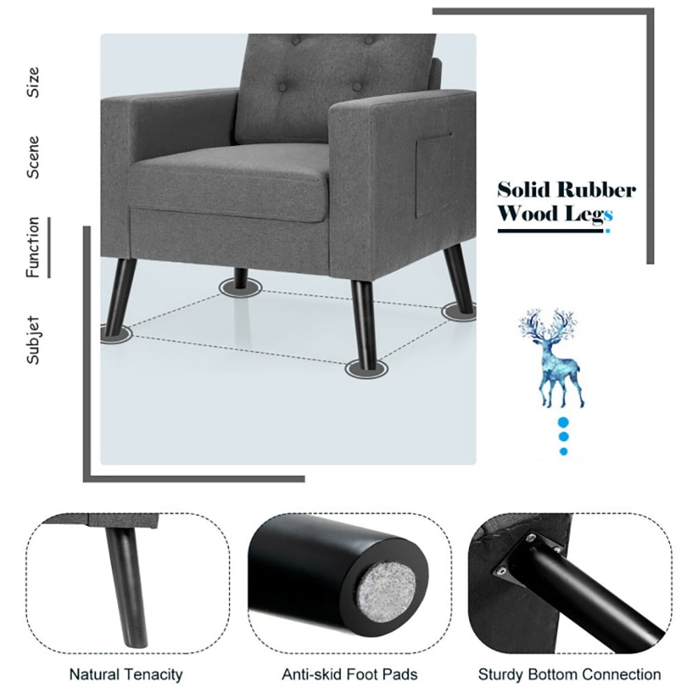 Finihen Upholstered Armchair Chair, Mid-Century Upholstered Armchair Club Chair with Rubber Wood Legs, for Living Room, Bedroom, Gray