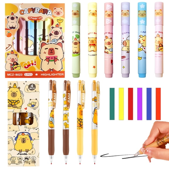Cute Pens and Highlighters Set 4Pcs Cute Capybara Pen 0.5mm Black Ink Pen Writing Pens,6Pcs CutCapybara Highlighters Marker Cute Capybara Pastel Highlighter Marker Pens for Office Home Supplies