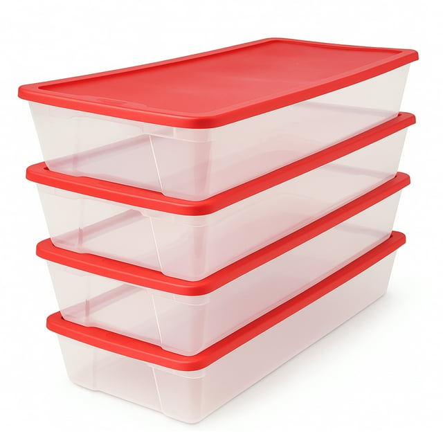 Homz 41Qt Clear Plastic Storage Container w/Red Lock Lid (4 Pack)