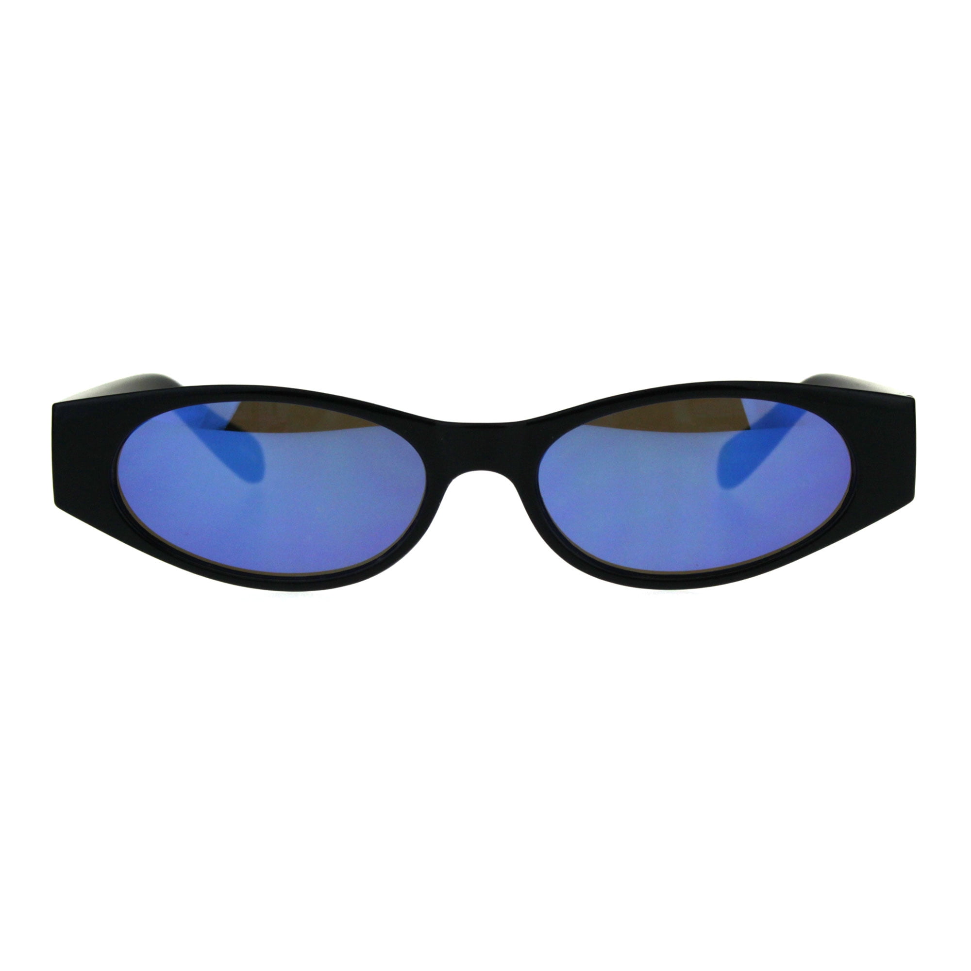 Sa106 Womens Mod Narrow Rectangle Color Mirror Oval Lens Plastic Sunglasses Black Blue
