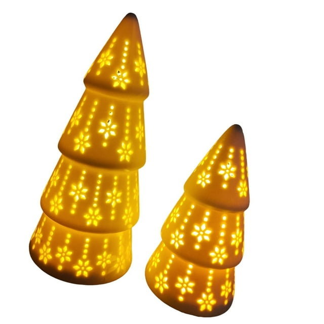 2 estatuas de cerámica para de Navidad, adorno de escritorio, accesorio para fotos, escultura central, de Navidad iluminado para interior
