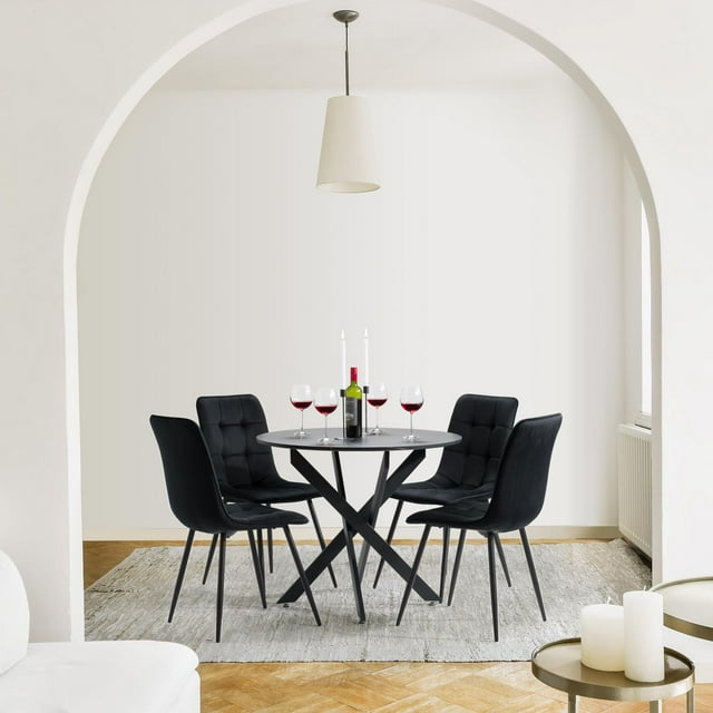 CorLiving Elliot 5-Piece Compact Round Dining Table Set for 4| Small Round Kitchen and Dining Room Table with 4 Velvet Chairs | Ideal Circle Breakfast and Dinner Table Set