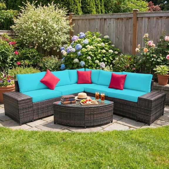 Topcobe 6 Piece Wicker Patio Sectional Sofa Set with Tempered Glass Coffee Table, Modern Patio Furniture Set-Turquoise