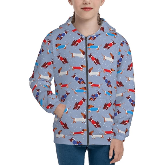 Naloa winter Dachshund Teenage Zipper Hoodie, Long Sleeve Zip Up Hoodies Casual Jackets Tops for 7-12 Years-Small