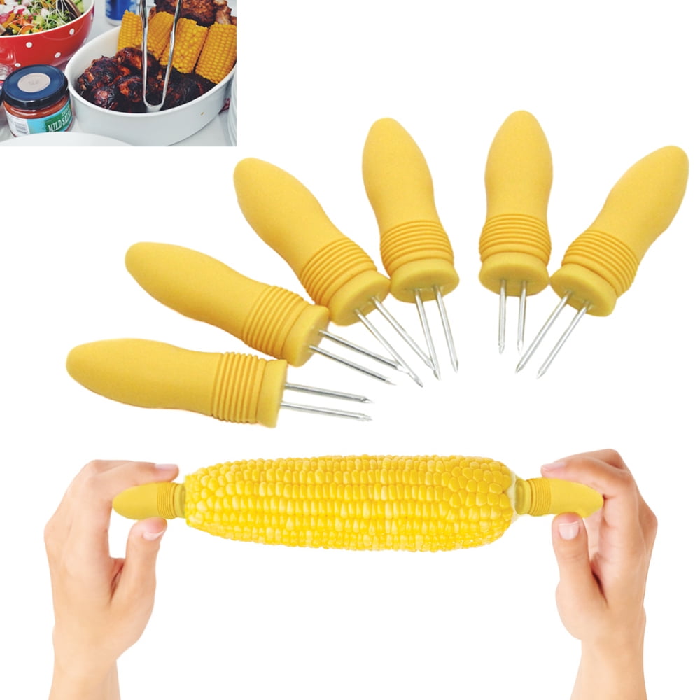 Gloryis Interlocking Corn Holder Stainless Steel Corn Skewers Fruit Meat Prongs with Silicone Handle for BBQ Grill Picnic Party 4pairs