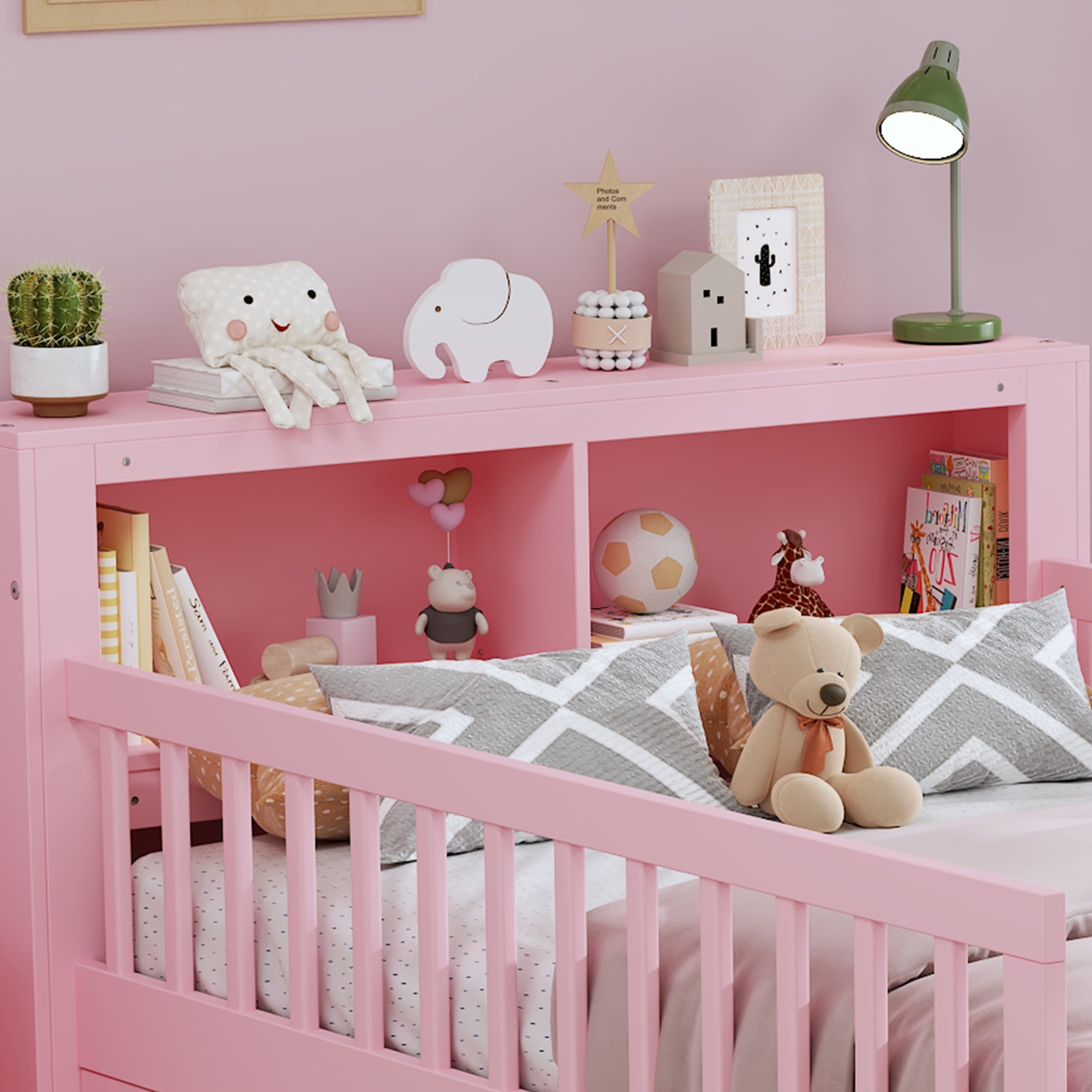 Euroco Wood Twin Size Platform Bed with Storage Headboard and Drawers, Low Profile Bed with Guardrails for Kids and Toddlers, Pink