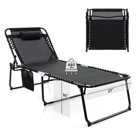 Lounge Chair for Outside, 440lbs 27” Oversize Folding Beach Tanning Sunbath Chair with Adjustable Backrest & Removable Pillow, Lightweight Portable Patio Lounger for Lawn Poolside (1, Black)