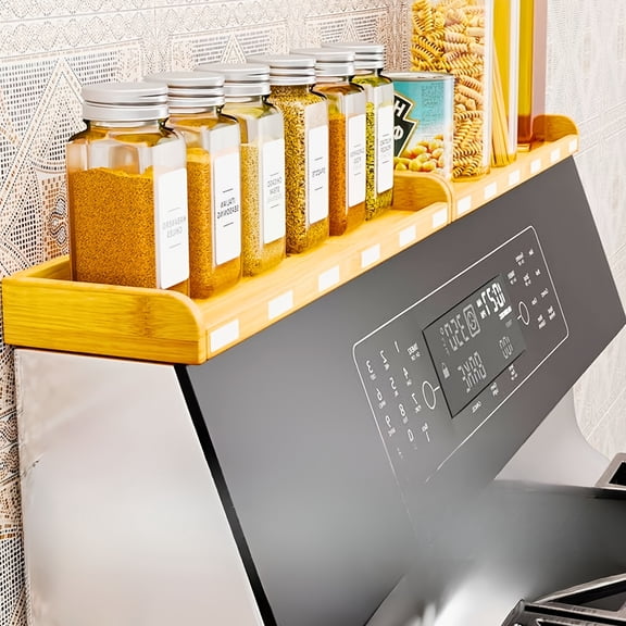 Magnetic Bamboo Stove Top Shelf, 30" Wide Spice Organizer Rack for Flat Top Stoves, Countertop Storage for Kitchen