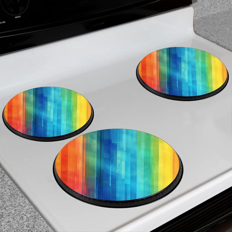 BaHomeck Electric Stove Burner Covers Set of 4,Round Metal Gas Stove Burner Covers 8 Inch and 10 Inch,Kitchen Decor,Abstract Rainbow-Colored Wooden Background