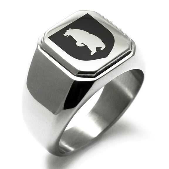 Stainless Steel Bear Ferocity Coat of Arms Shield Engraved Square Flat Top Biker Style Polished Signet Ring