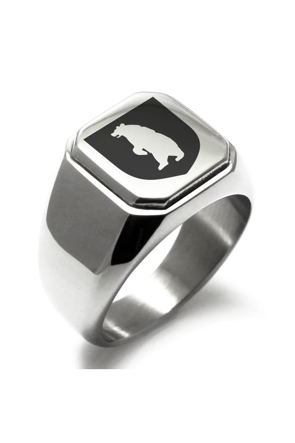 Stainless Steel Bear Ferocity Coat of Arms Shield Engraved Square Flat Top Biker Style Polished Signet Ring