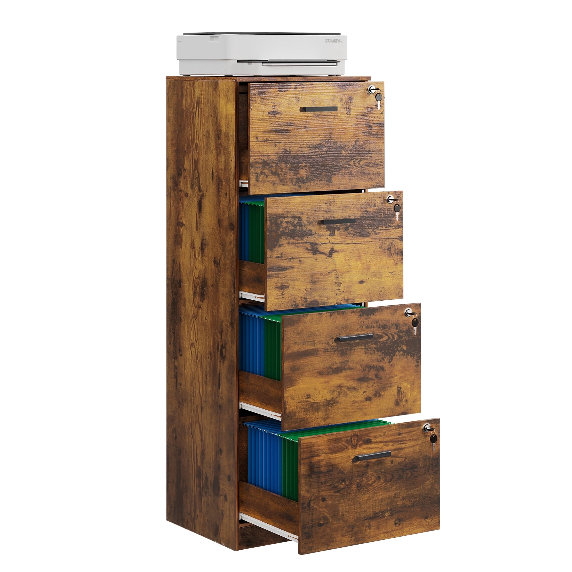 GALAXHERO 4 Drawer File Cabinet, Vertical Filing Cabinet with Lock and Key, Wood Storage Organizer for Home Office, Fit Letter/A4, Rustic Brown