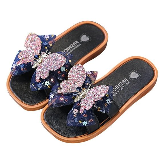 Owordtank Girl's Sparkly Butterfly Decor Square Toe Transparent Summer Slides Summer Dress Shoes Sandals