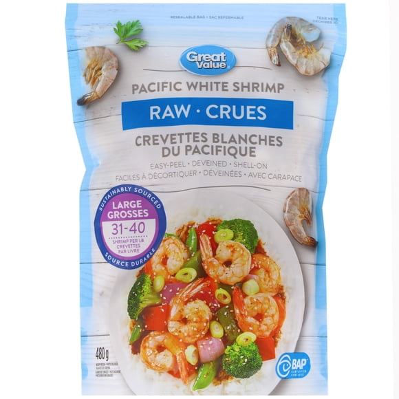 Crevettes blanches du Pacifique crues Great Value 480 g (1,05 lb)