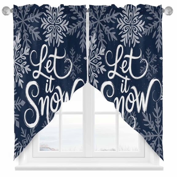 Swag Curtains Valances for Windows, Navy Blue Christmas Snowflakes Short Kitchen Window Curtains Over Sink, White Winter Holiday Cafe Curtains Panel Set Of 2,Rod Pocket, 36 Inches Length
